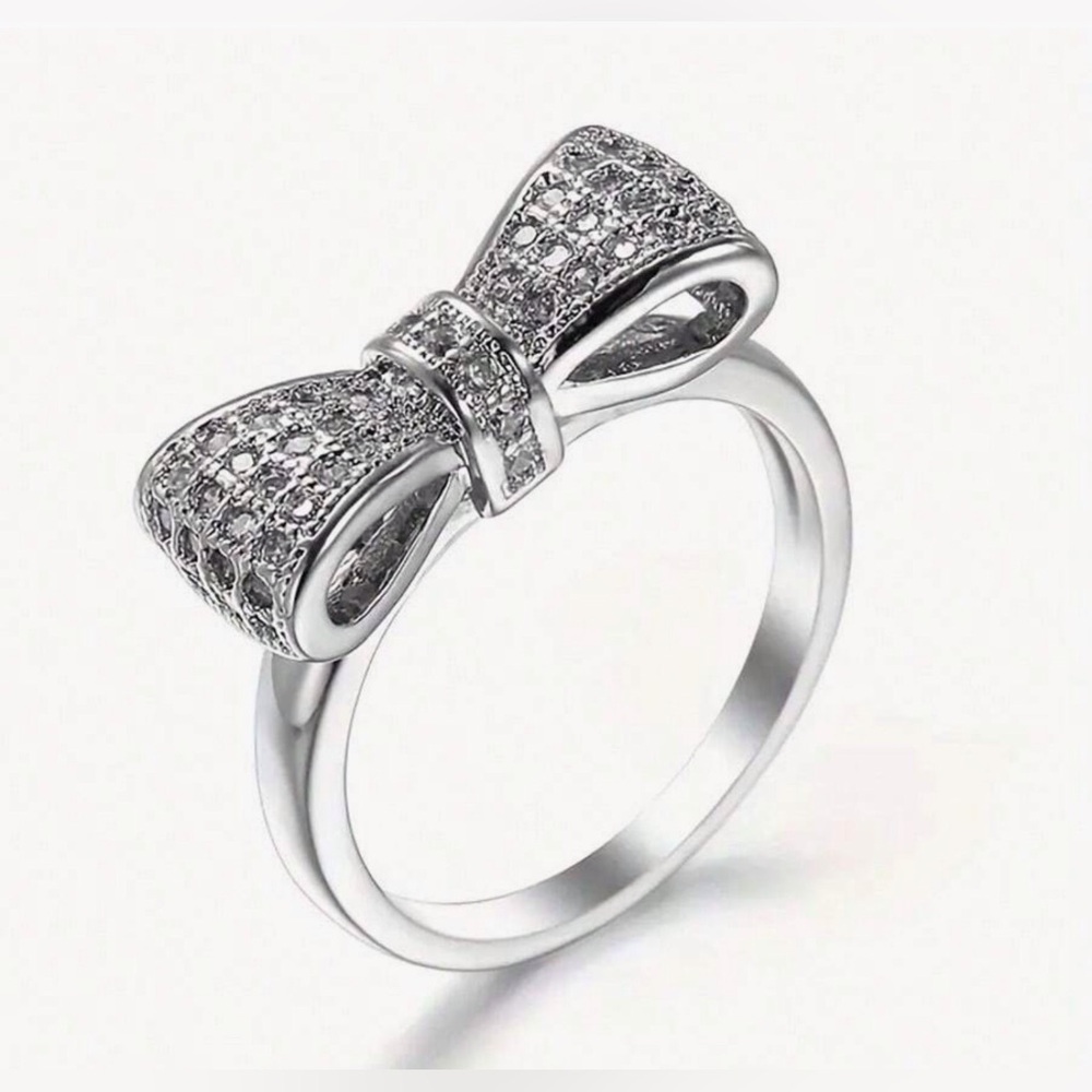 Bow Silver Stainless Steel Ring with Pavé Crystals Size 5